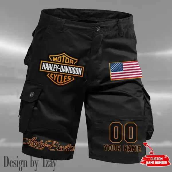 Harley Davidson Men's Black Cargo Shorts Button Trend Unique Design 2025 VDMCSB005