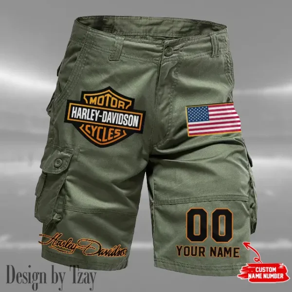Harley Davidson Men's Army Green Cargo Shorts Button Trend Unique Design 2025 VDMCSB005