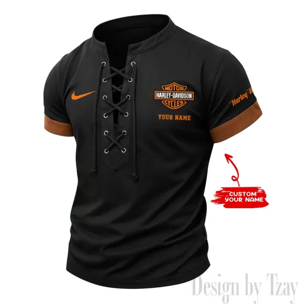 Harley Davidson Casual V Neck Front Lace-up Pullover Male Streetwear Tops CBSMLUSTS001