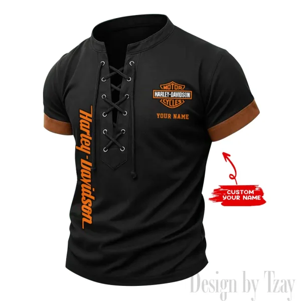 Harley Davidson Casual V Neck Front Lace-up Pullover Male Streetwear Tops CBSMLUSTS002