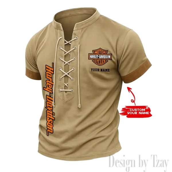 Harley Davidson Casual V Neck Front Lace-up Pullover Male Streetwear Tops CBSMLUSTS002