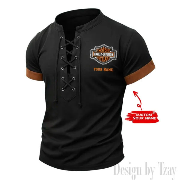 Harley Davidson Casual V Neck Front Lace-up Pullover Male Streetwear Tops CBSMLUSTS003