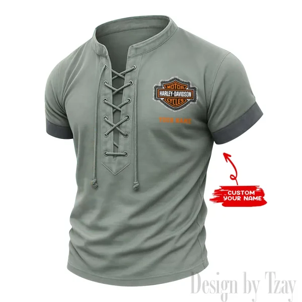 Harley Davidson Casual V Neck Front Lace-up Pullover Male Streetwear Tops CBSMLUSTS003
