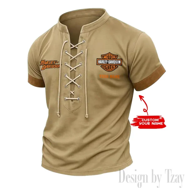 Harley Davidson Casual V Neck Front Lace-up Pullover Male Streetwear Tops CBSMLUSTS004
