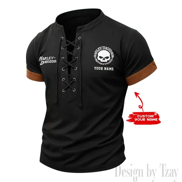 Harley Davidson Casual V Neck Front Lace-up Pullover Male Streetwear Tops CBSMLUSTS005
