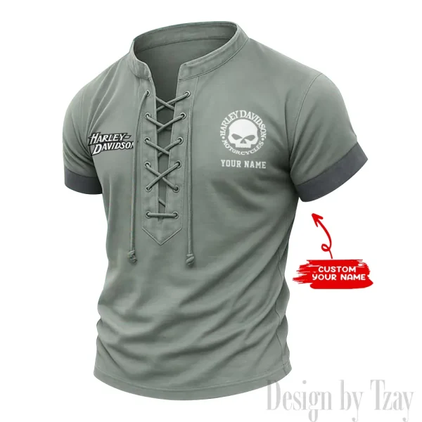 Harley Davidson Casual V Neck Front Lace-up Pullover Male Streetwear Tops CBSMLUSTS005