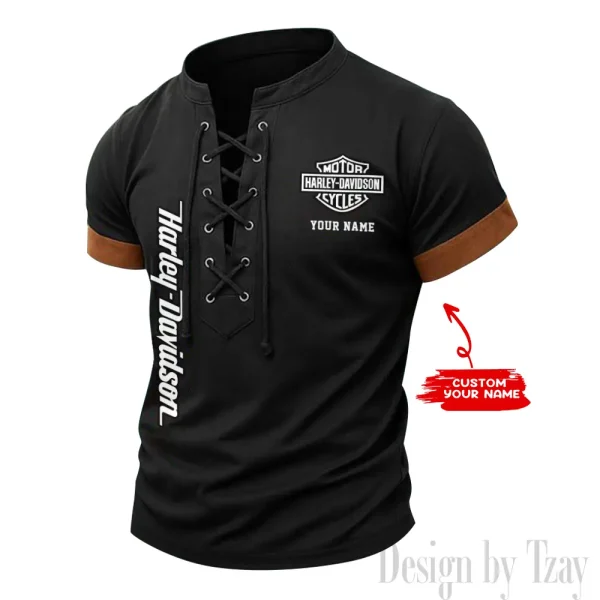 Harley Davidson Casual V Neck Front Lace-up Pullover Male Streetwear Tops CBSMLUSTS006