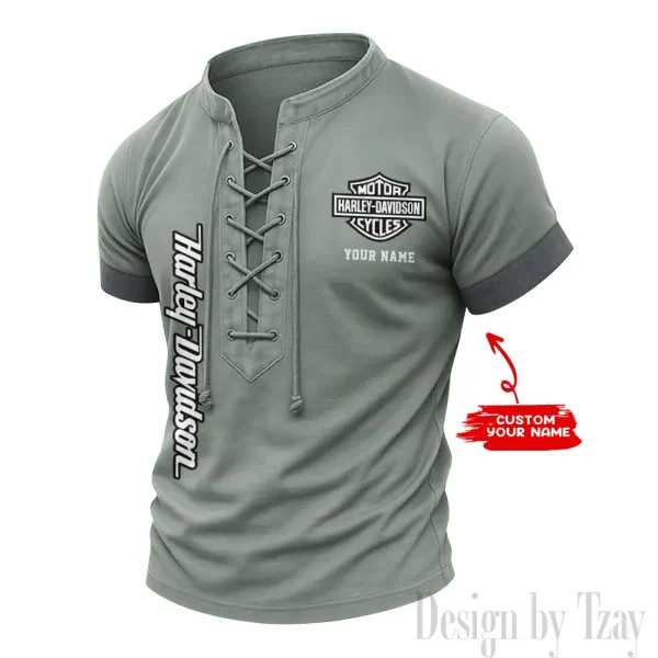 Harley Davidson Casual V Neck Front Lace-up Pullover Male Streetwear Tops CBSMLUSTS006