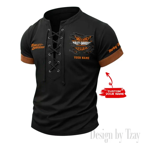 Harley Davidson Casual V Neck Front Lace-up Pullover Male Streetwear Tops CBSMLUSTS007