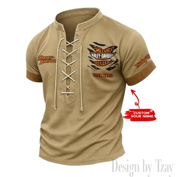 Harley Davidson Casual V Neck Front Lace-up Pullover Male Streetwear Tops CBSMLUSTS007