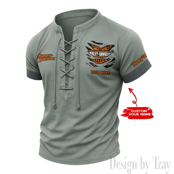 Harley Davidson Casual V Neck Front Lace-up Pullover Male Streetwear Tops CBSMLUSTS007
