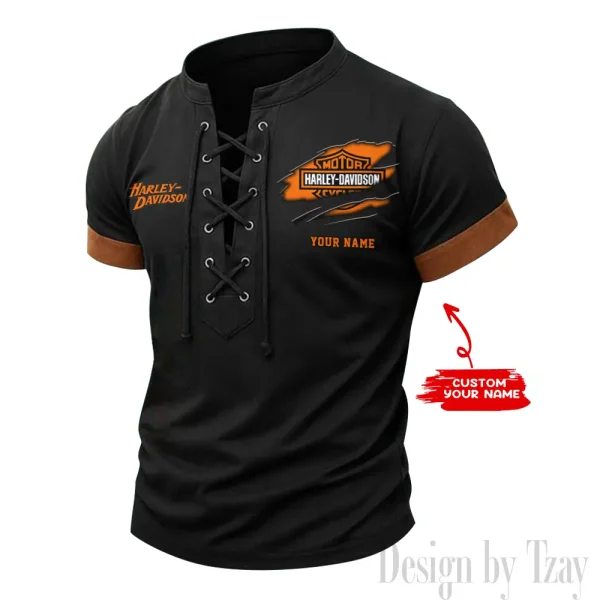 Harley Davidson Casual V Neck Front Lace-up Pullover Male Streetwear Tops CBSMLUSTS008