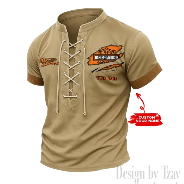 Harley Davidson Casual V Neck Front Lace-up Pullover Male Streetwear Tops CBSMLUSTS008
