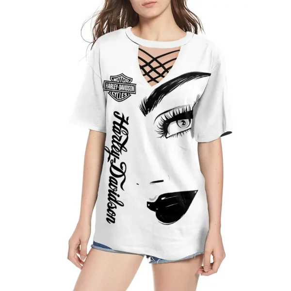 Harley Davidson Criss-Cross Hollow Out Women T-Shirt CBSCCHTS004