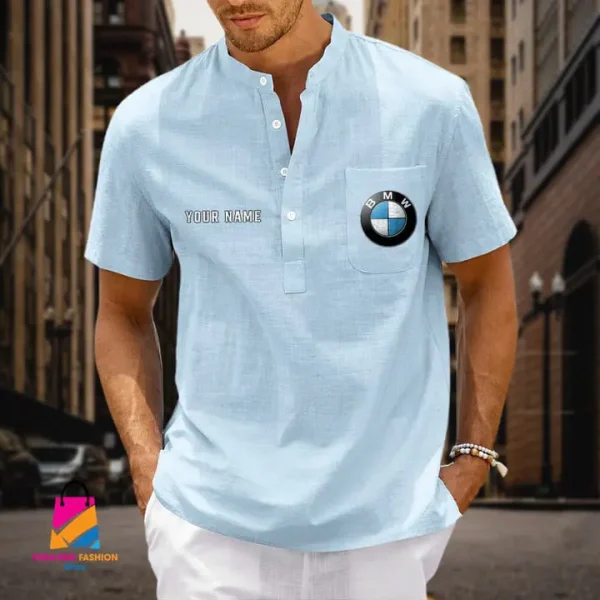 BMW Men's Cotton Linen Short Sleeves Shirts CBSMCLS027 - Image 8