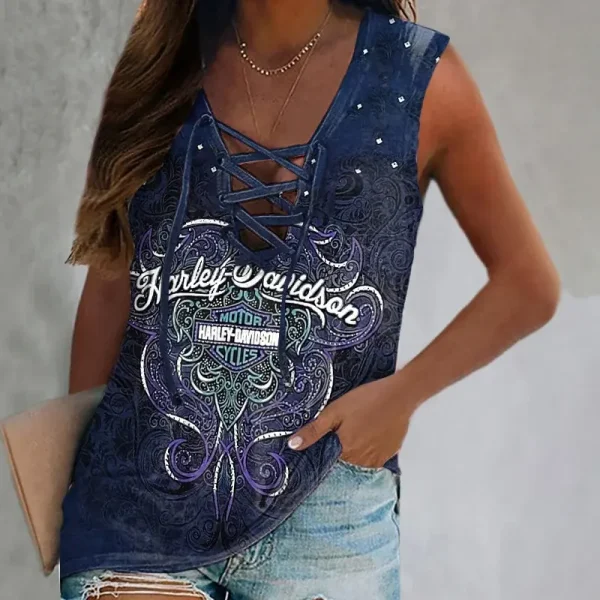 Harley Davidson Motorcycles Print Strap Design Women's Tops HDMPSDWTCBS001