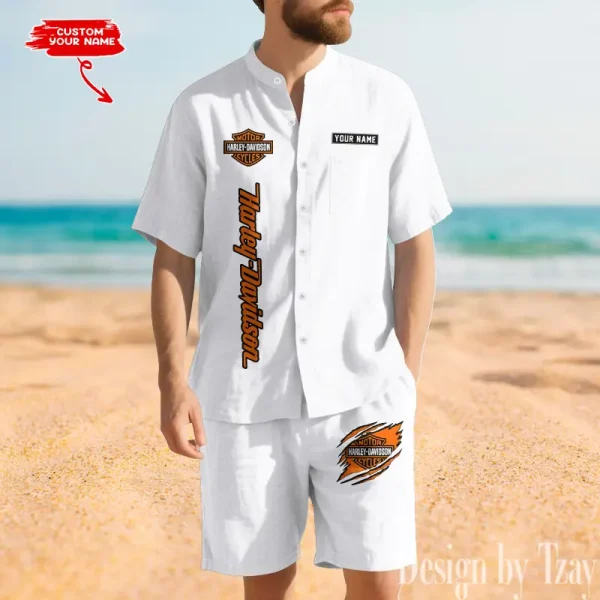 Harley Davidson Summer Men's Button Henley Collar Linen Shirt and Shorts CBSLSAS001