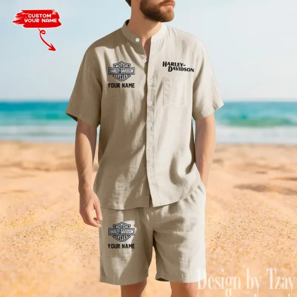 Harley Davidson Summer Men's Button Henley Collar Linen Shirt and Shorts CBSLSAS002