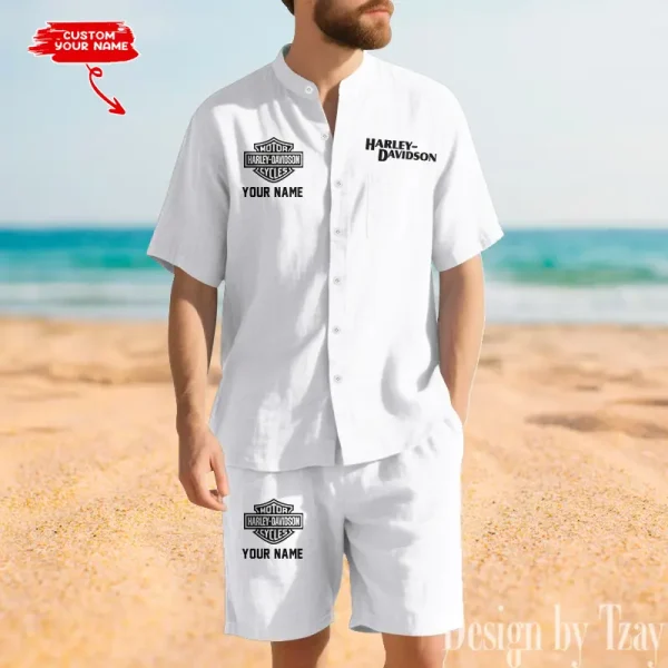 Harley Davidson Summer Men's Button Henley Collar Linen Shirt and Shorts CBSLSAS002