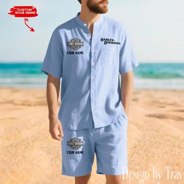 Harley Davidson Summer Men's Button Henley Collar Linen Shirt and Shorts CBSLSAS002