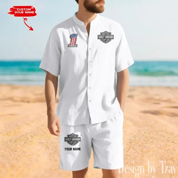 Harley Davidson Summer Men's Button Henley Collar Linen Shirt and Shorts CBSLSAS003