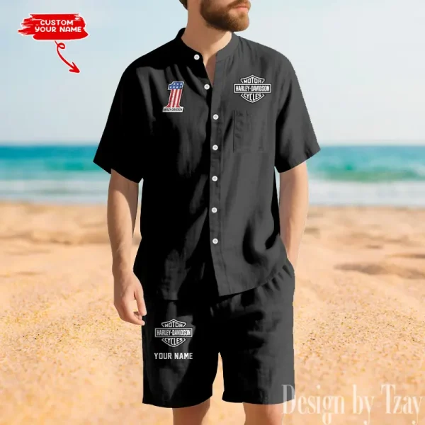 Harley Davidson Summer Men's Button Henley Collar Linen Shirt and Shorts CBSLSAS003
