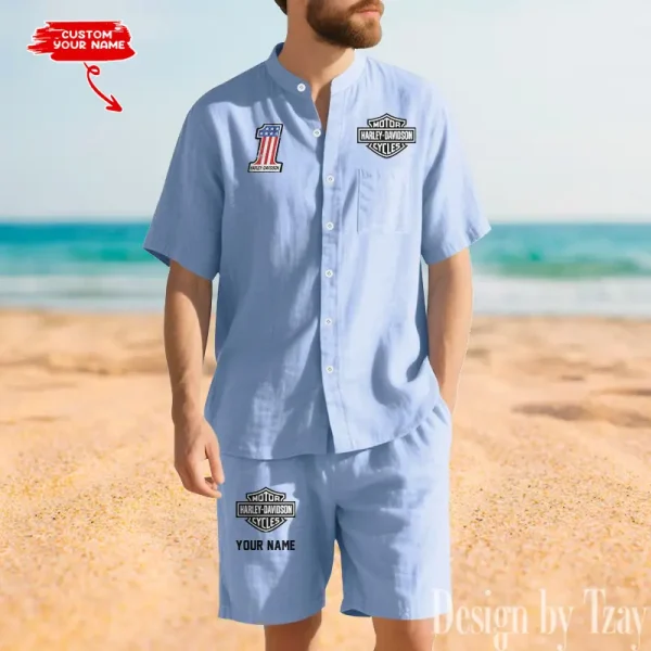 Harley Davidson Summer Men's Button Henley Collar Linen Shirt and Shorts CBSLSAS003