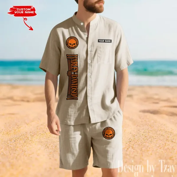 Harley Davidson Summer Men's Button Henley Collar Linen Shirt and Shorts CBSLSAS004