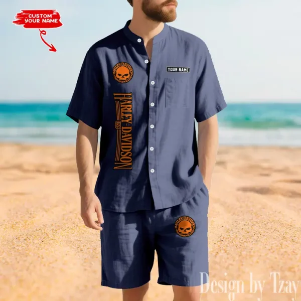 Harley Davidson Summer Men's Button Henley Collar Linen Shirt and Shorts CBSLSAS004