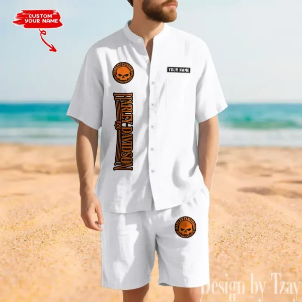 Harley Davidson Summer Men's Button Henley Collar Line Shirt and Shorts CBSLSAS004