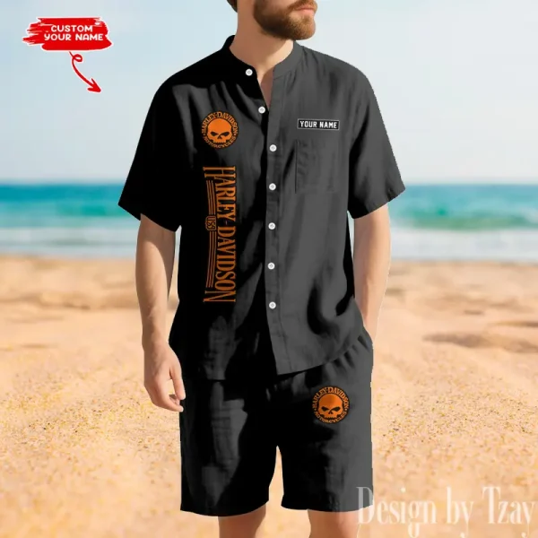 Harley Davidson Summer Men's Button Henley Collar Linen Shirt and Shorts CBSLSAS004