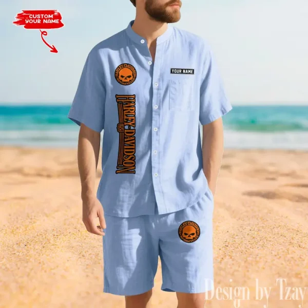 Harley Davidson Summer Men's Button Henley Collar Linen Shirt and Shorts CBSLSAS004
