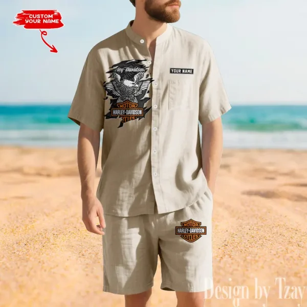 Harley Davidson Summer Men's Button Henley Collar Linen Shirt and Shorts CBSLSAS005