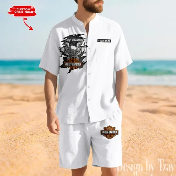 Harley Davidson Summer Men's Button Henley Collar Linen Shirt and Shorts CBSLSAS005