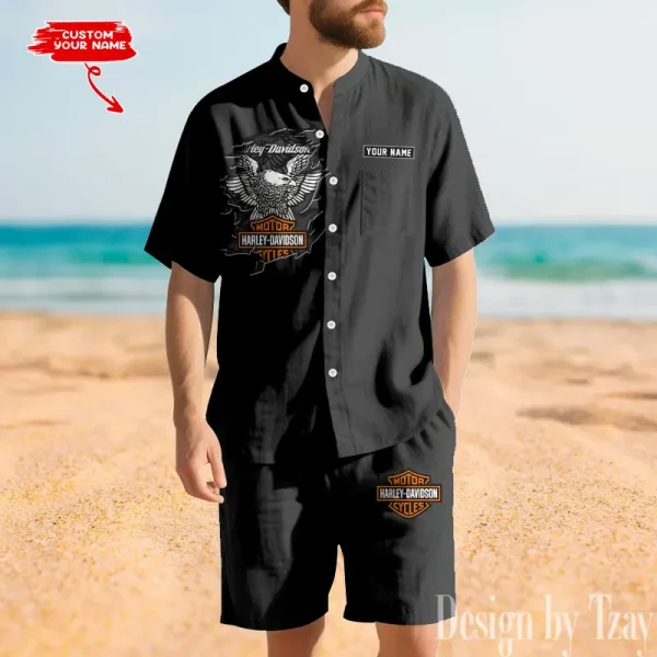 Harley Davidson Summer Men's Button Henley Collar Linen Shirt and Shorts CBSLSAS005