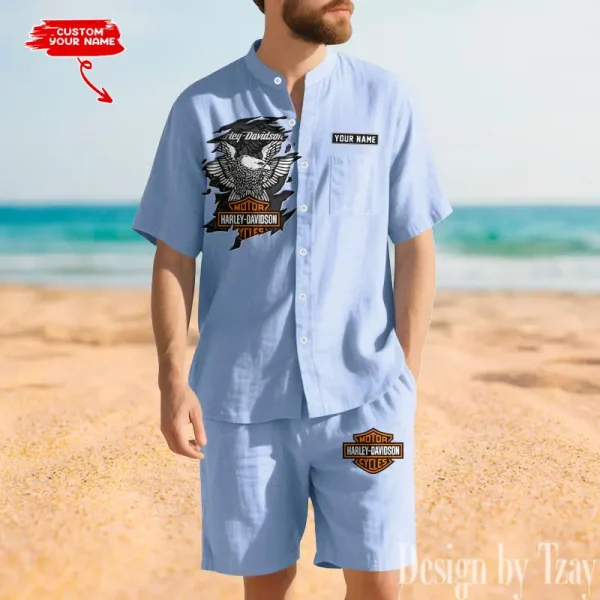 Harley Davidson Summer Men's Button Henley Collar Linen Shirt and Shorts CBSLSAS005