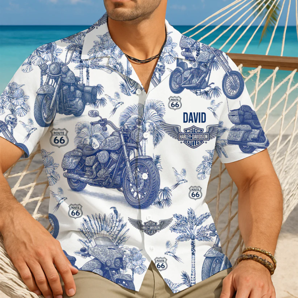 Harley Davidson Vintage Toile Blue Motorcycle Pattern Hawaiian Shirt 02QHLU130625 - Image 2