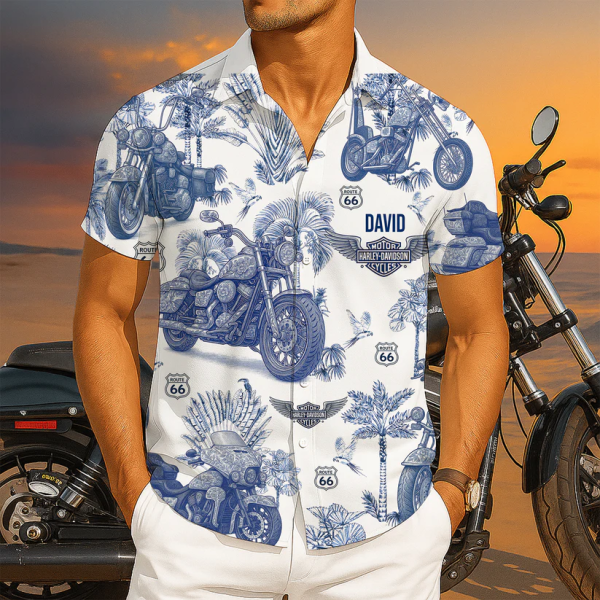 Harley Davidson Vintage Toile Blue Motorcycle Pattern Hawaiian Shirt 02QHLU130625