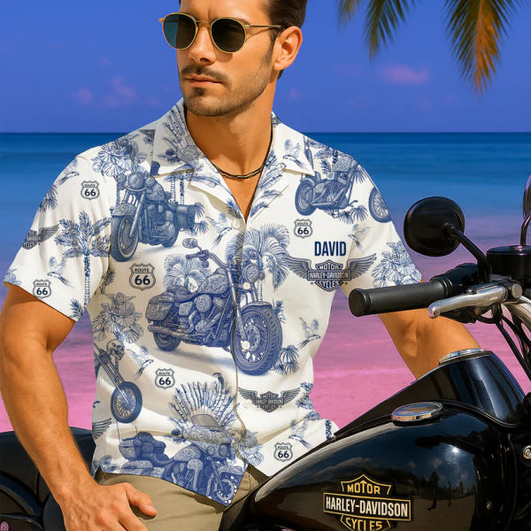 Harley Davidson Vintage Toile Blue Motorcycle Pattern Hawaiian Shirt 02QHLU130625 - Image 4