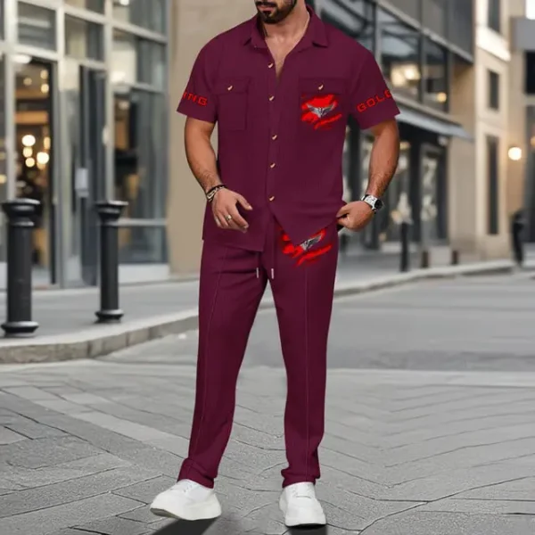 Honda Goldwing Men's Summer Casual Two-Piece Set With Lapel Buttons Shirt And Long Pants KDAMAD74872