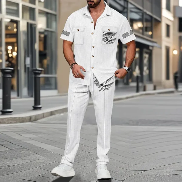Ram Trucks Men's Summer Casual Two-Piece Set With Lapel Buttons Shirt And Long Pants KDAMAD74920
