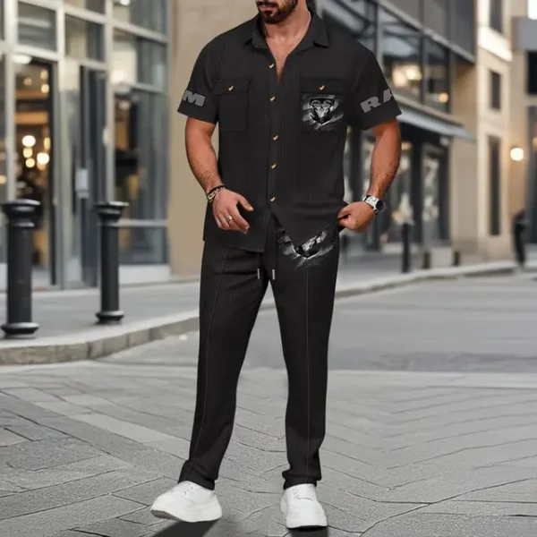 Ram Trucks Men's Summer Casual Two-Piece Set With Lapel Buttons Shirt And Long Pants KDAMAD74920 - Image 3
