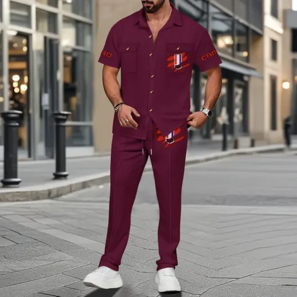 Camaro Men's Summer Casual Two-Piece Set With Lapel Buttons Shirt And Long Pants KDAMAD74754