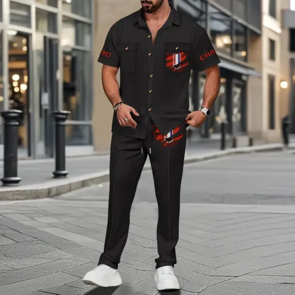 Camaro Men's Summer Casual Two-Piece Set With Lapel Buttons Shirt And Long Pants KDAMAD74754 - Image 2