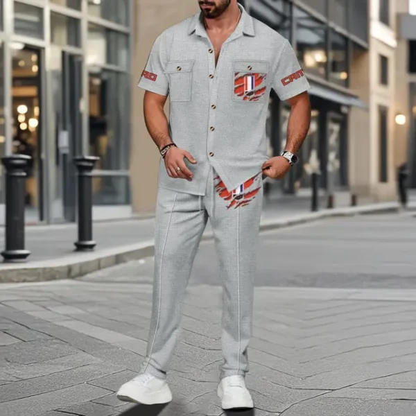 Camaro Men's Summer Casual Two-Piece Set With Lapel Buttons Shirt And Long Pants KDAMAD74754 - Image 3