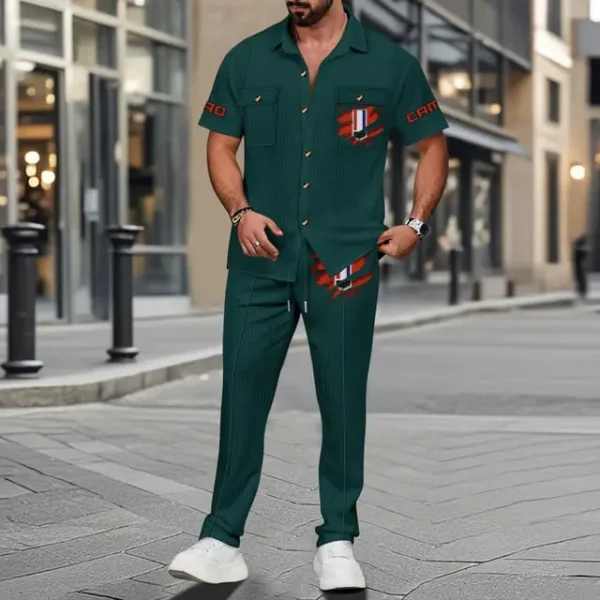 Camaro Men's Summer Casual Two-Piece Set With Lapel Buttons Shirt And Long Pants KDAMAD74754 - Image 5