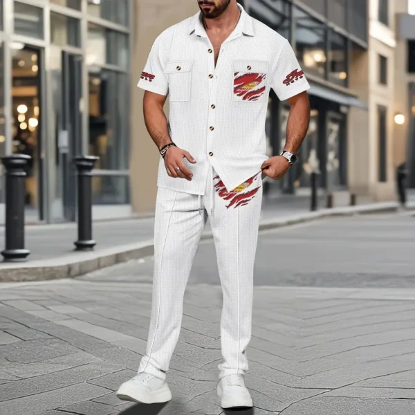 Indian Motorcycle Men's Summer Casual Two-Piece Set With Lapel Buttons Shirt And Long Pants KDAMAD74876