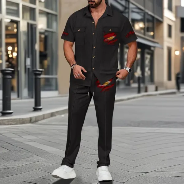 Indian Motorcycle Men's Summer Casual Two-Piece Set With Lapel Buttons Shirt And Long Pants KDAMAD74876 - Image 2