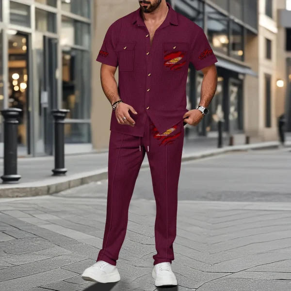 Indian Motorcycle Men's Summer Casual Two-Piece Set With Lapel Buttons Shirt And Long Pants KDAMAD74876 - Image 3