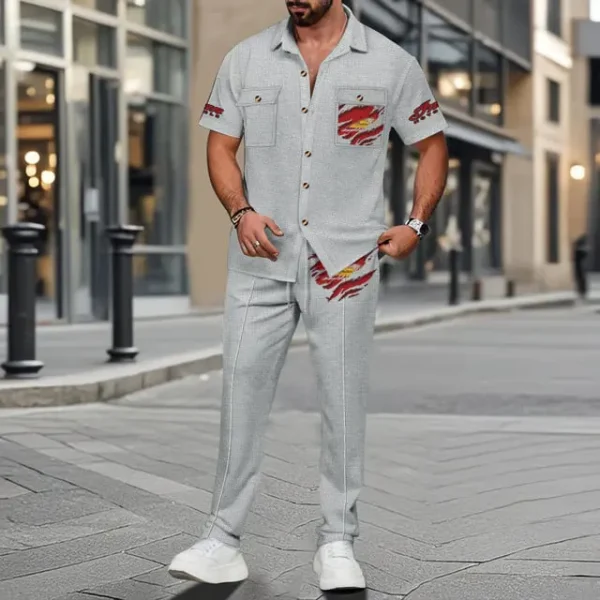 Indian Motorcycle Men's Summer Casual Two-Piece Set With Lapel Buttons Shirt And Long Pants KDAMAD74876 - Image 4